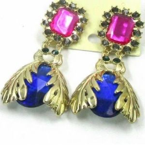 Pink, Gold & Blue Scarab Beetle, Bumblebee, Bug, Jewel Pierced, Glam, Earings